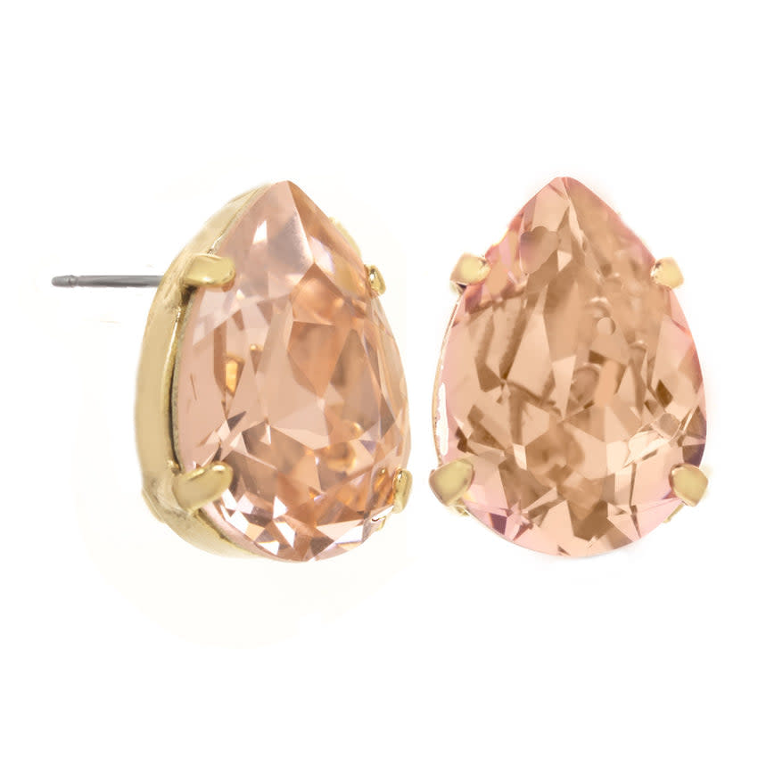 Gold-tone stud earrings with peach-colored pear-shaped faceted crystals.