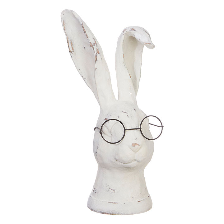 White resin rabbit figurine with iron frame wearing round glasses.