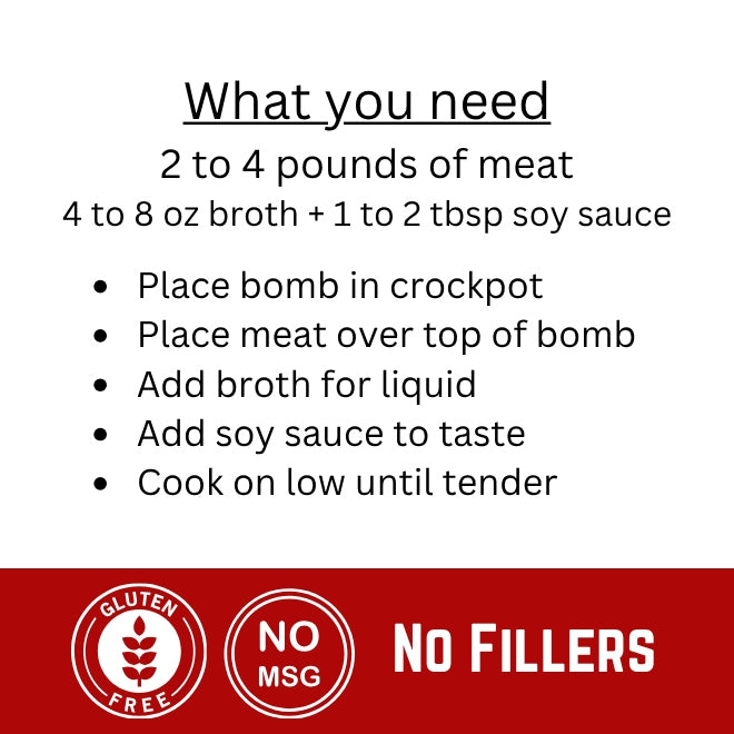 Cooking instructions for Korean Beef Bomb: use 2-4 lbs meat, broth, and soy sauce in a crockpot.
