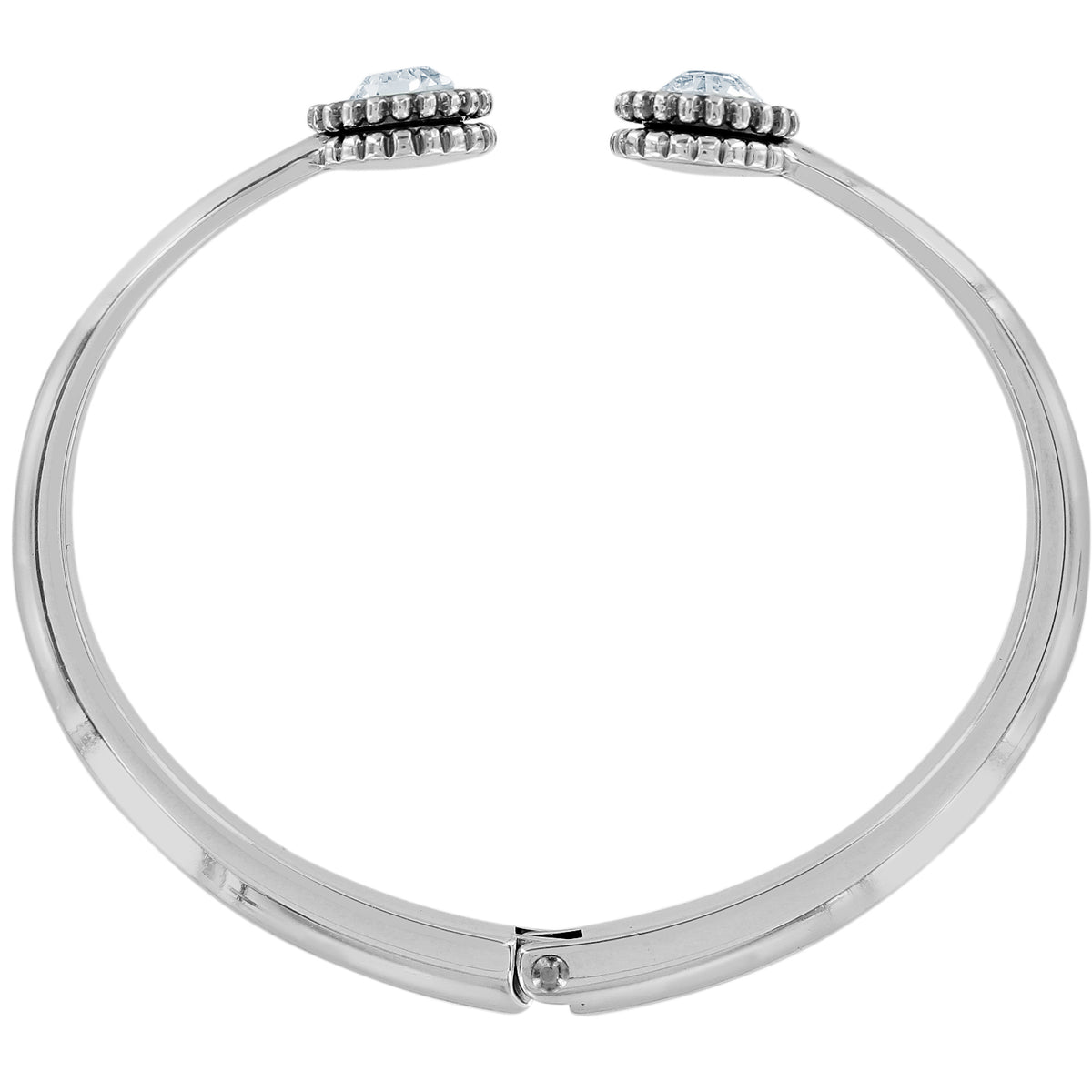 Silver hinged bangle bracelet featuring fine-quality crystals with a polished finish.