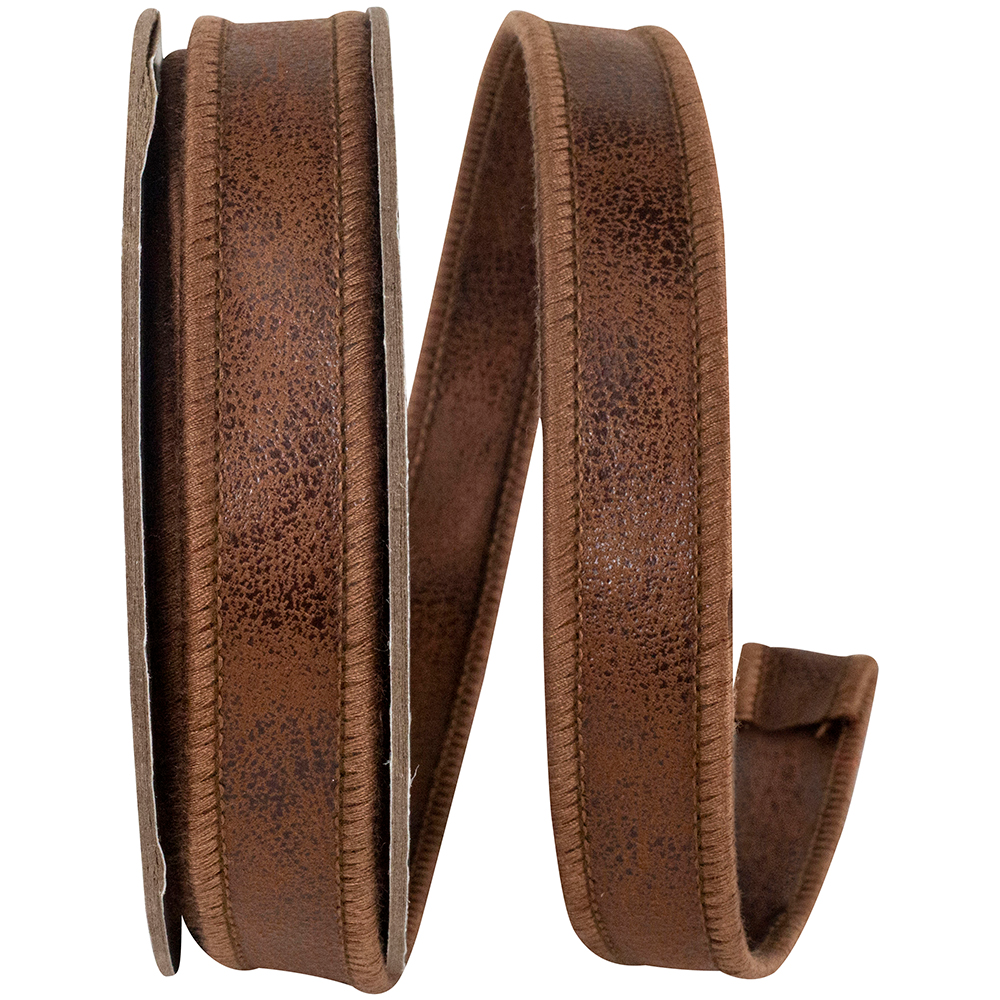 Brown Leather Deluxe Two Sided Wired Edge Ribbon coiled on a spool.