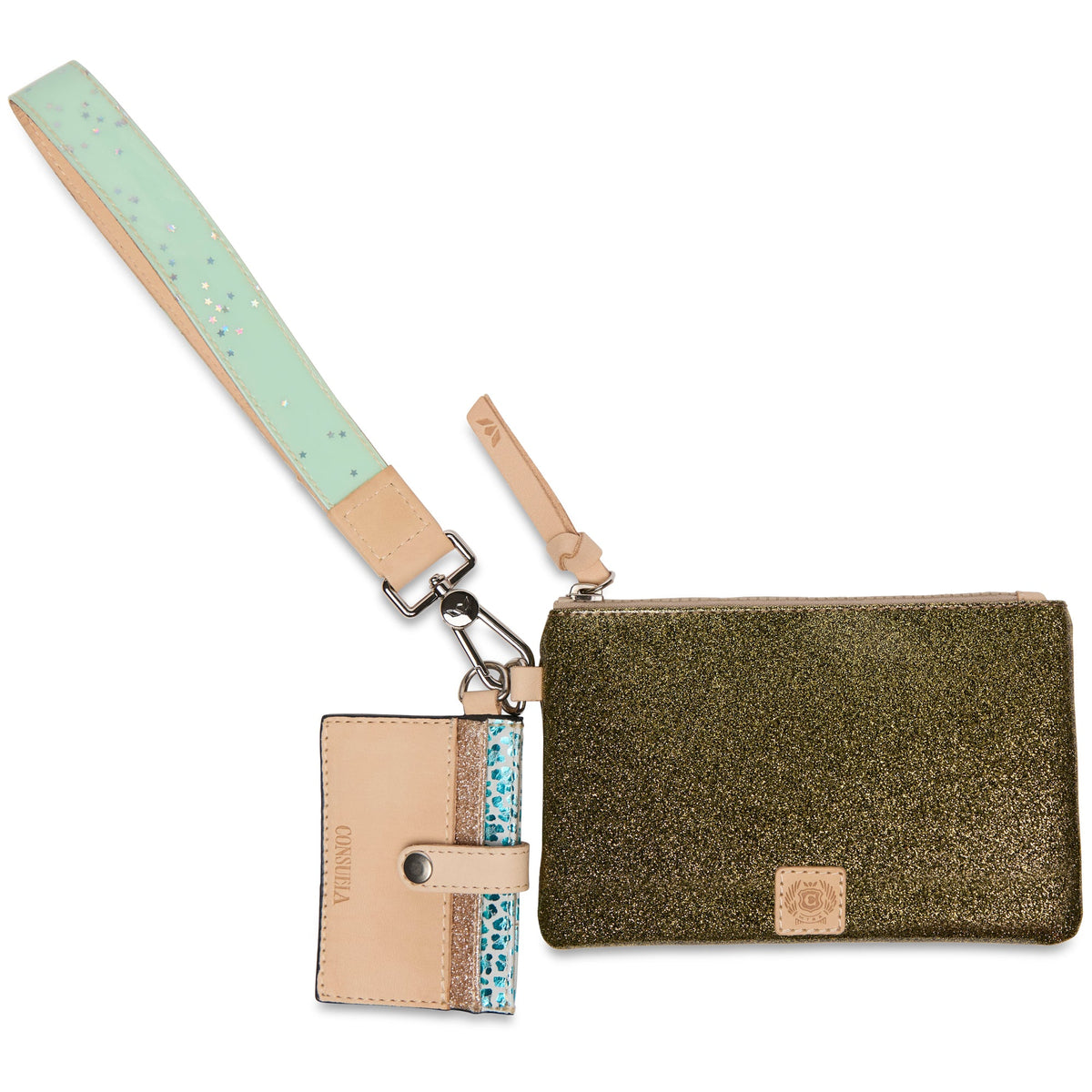 Diego leather wristlet with five card slots, D-ring detail, attached pouch, and cardholder.
