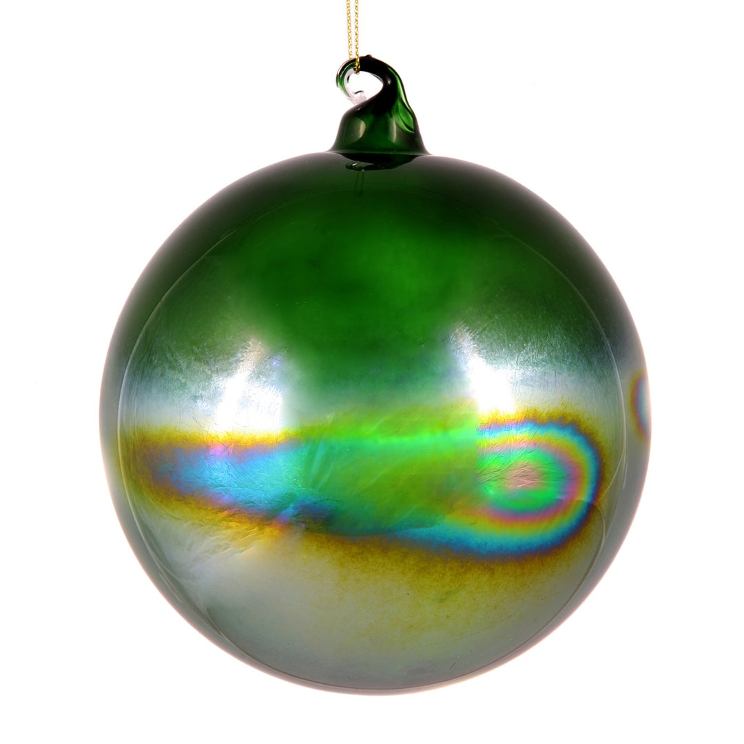 150mm green bottle glass ball ornament with a glossy, iridescent reflective finish.