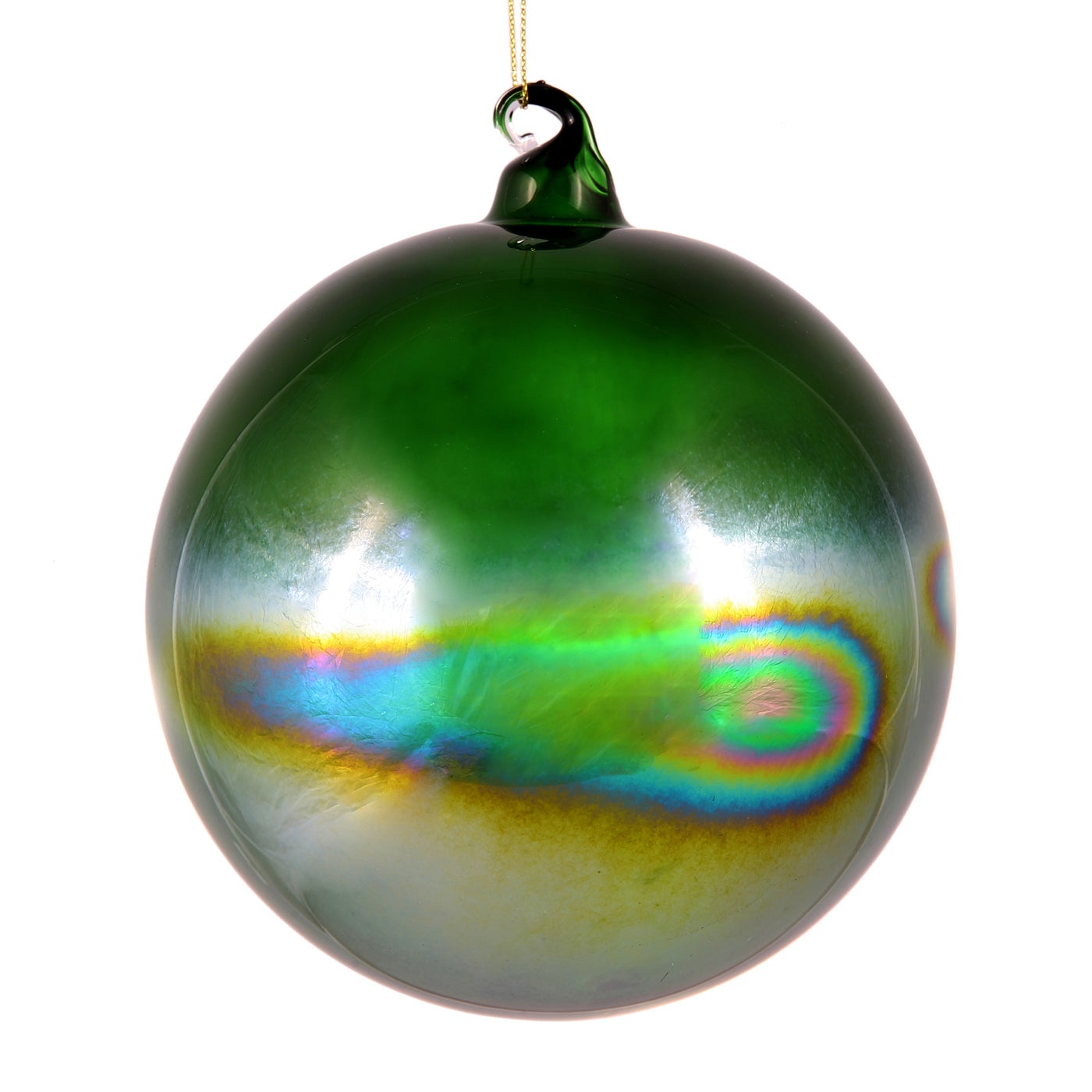 150mm green bottle glass ball ornament with a glossy, iridescent reflective finish.