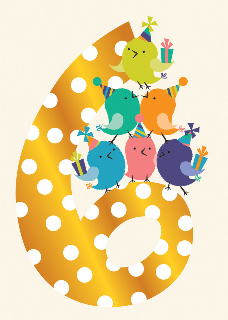 Six Wishes birthday card featuring a bird illustration with text celebrating turning six.