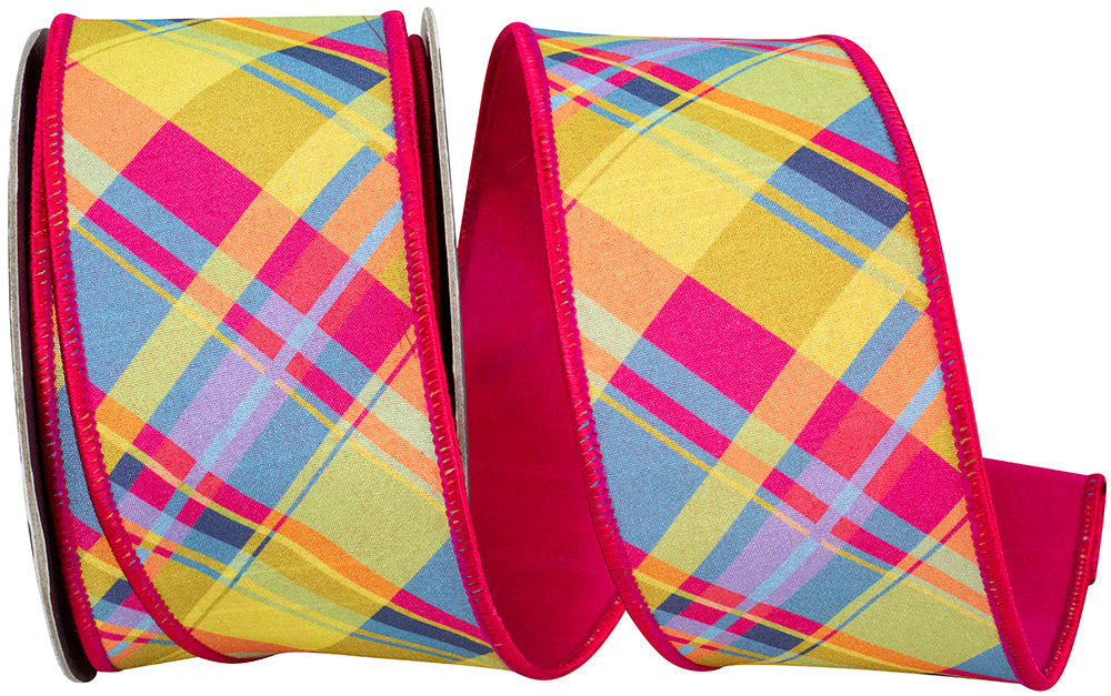 Plaid Florzie Dupioni Deluxe Wired Edge Ribbon in vibrant pink, yellow, and blue colors.