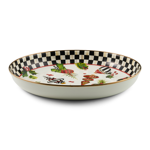 Deck the Halls Abundant Bowl with a checkered rim and festive holiday ornament illustrations.