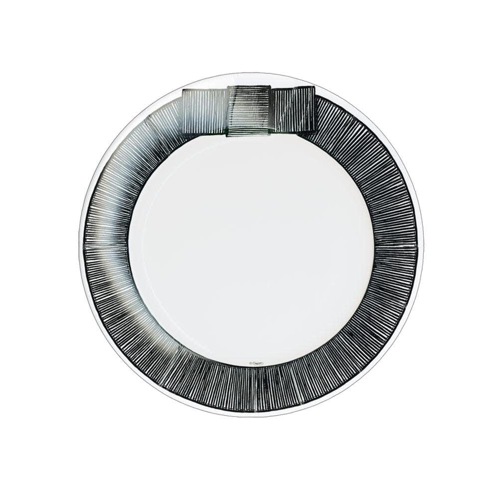 Pack of eight black square paper salad plates with a white ribbon border pattern.