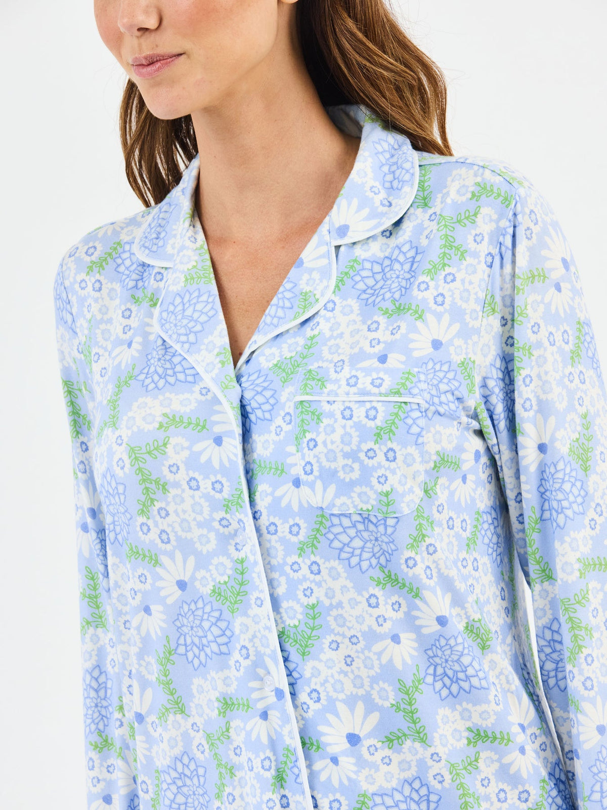 Women's Charlotte nightshirt in LuxBlend viscose/spandex with long sleeves, button front collar, and straight flowy silhouette.