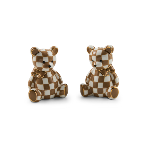 Mocha Bear Salt & Pepper Set featuring two ceramic bears with a brown and white checkered pattern.