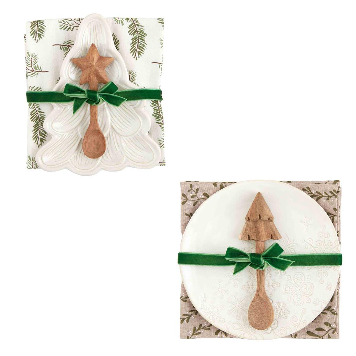 Two White Christmas Appetizer Sets with stoneware plates, wooden spoons, and chambray towels.