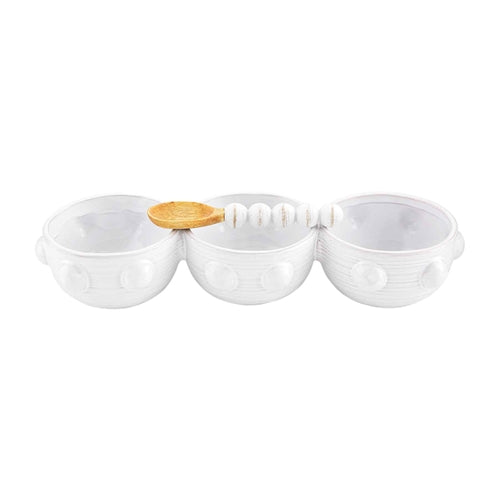 White beaded triple dip ceramic dish with a matching beaded handle spoon.
