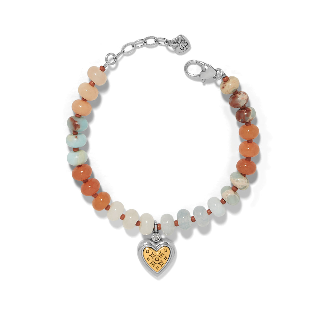Mosaic Two Tone Heart Beaded Bracelet with silver-plated heart charm and multi-colored beads.