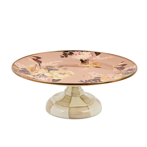 Small pedestal platter with a pink floral top and a beige checkered base.