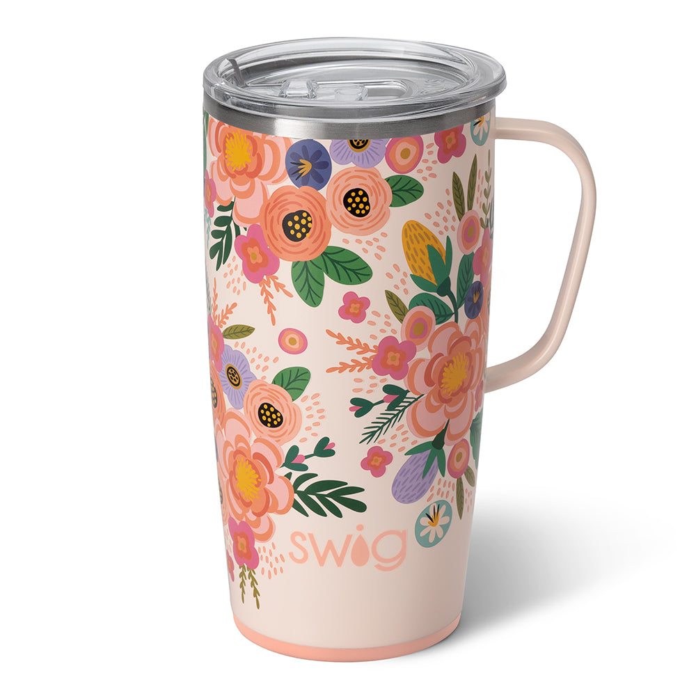 Silver stainless steel travel mug with a slim handle, silicone base, and large lid featuring a removable slider.