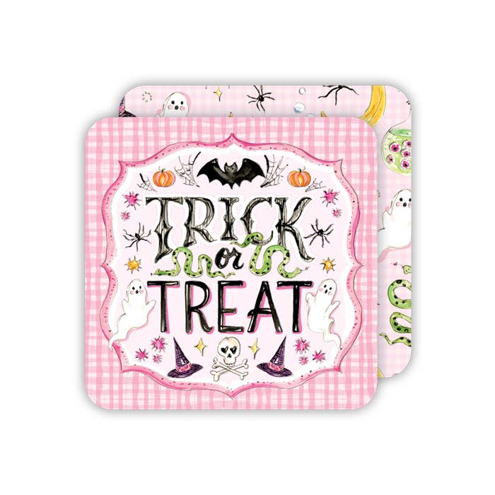 Square handpainted coaster featuring spooky trick-or-treat icons in black ink on a light background.