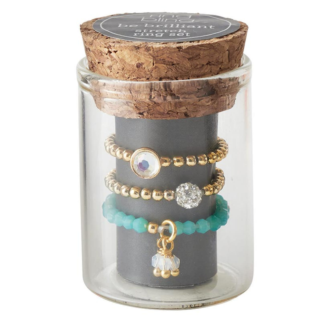 Brass stretch ring set with glass jar packaging