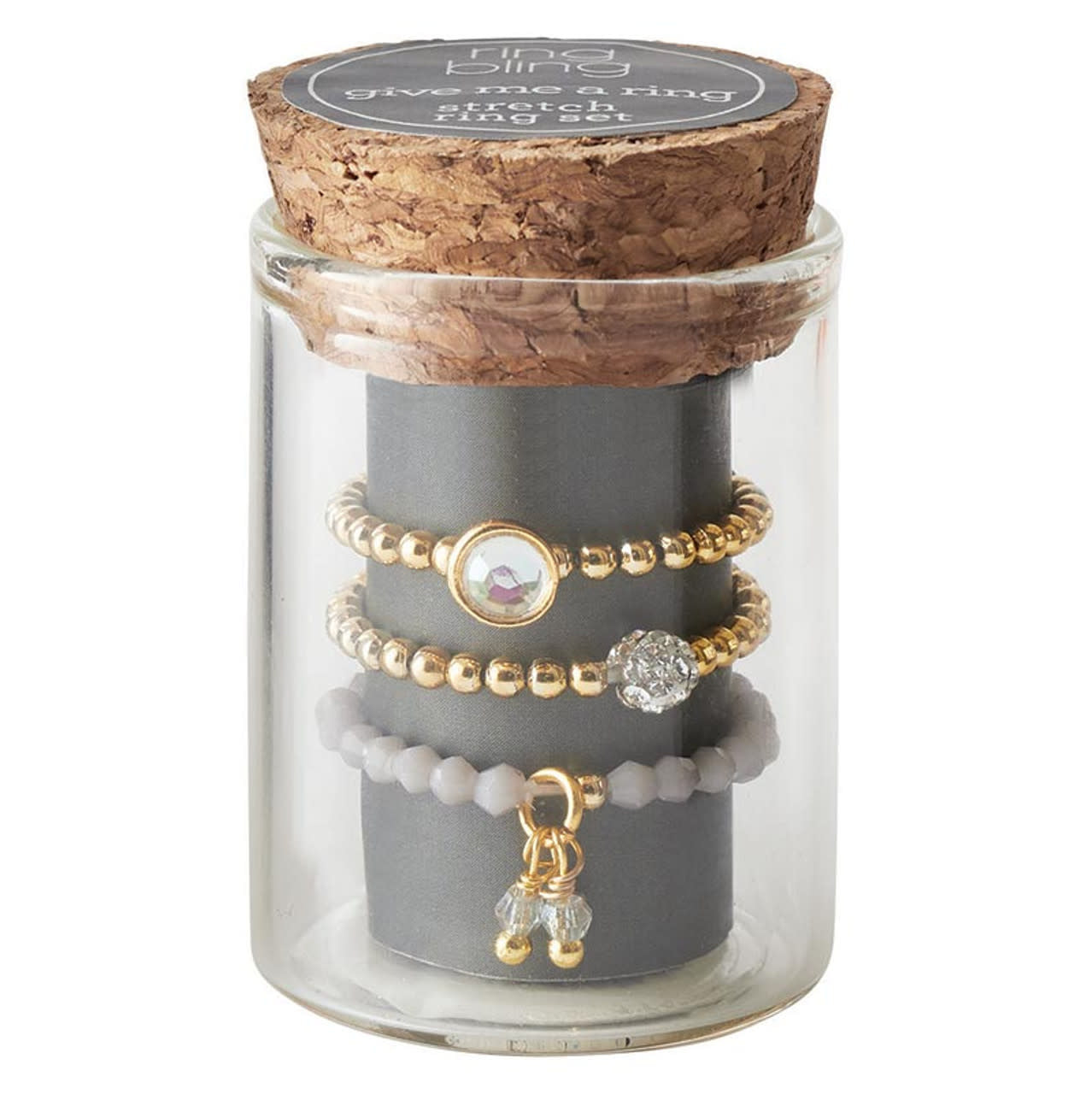 Brass stretch ring set with glass jars in assorted colors