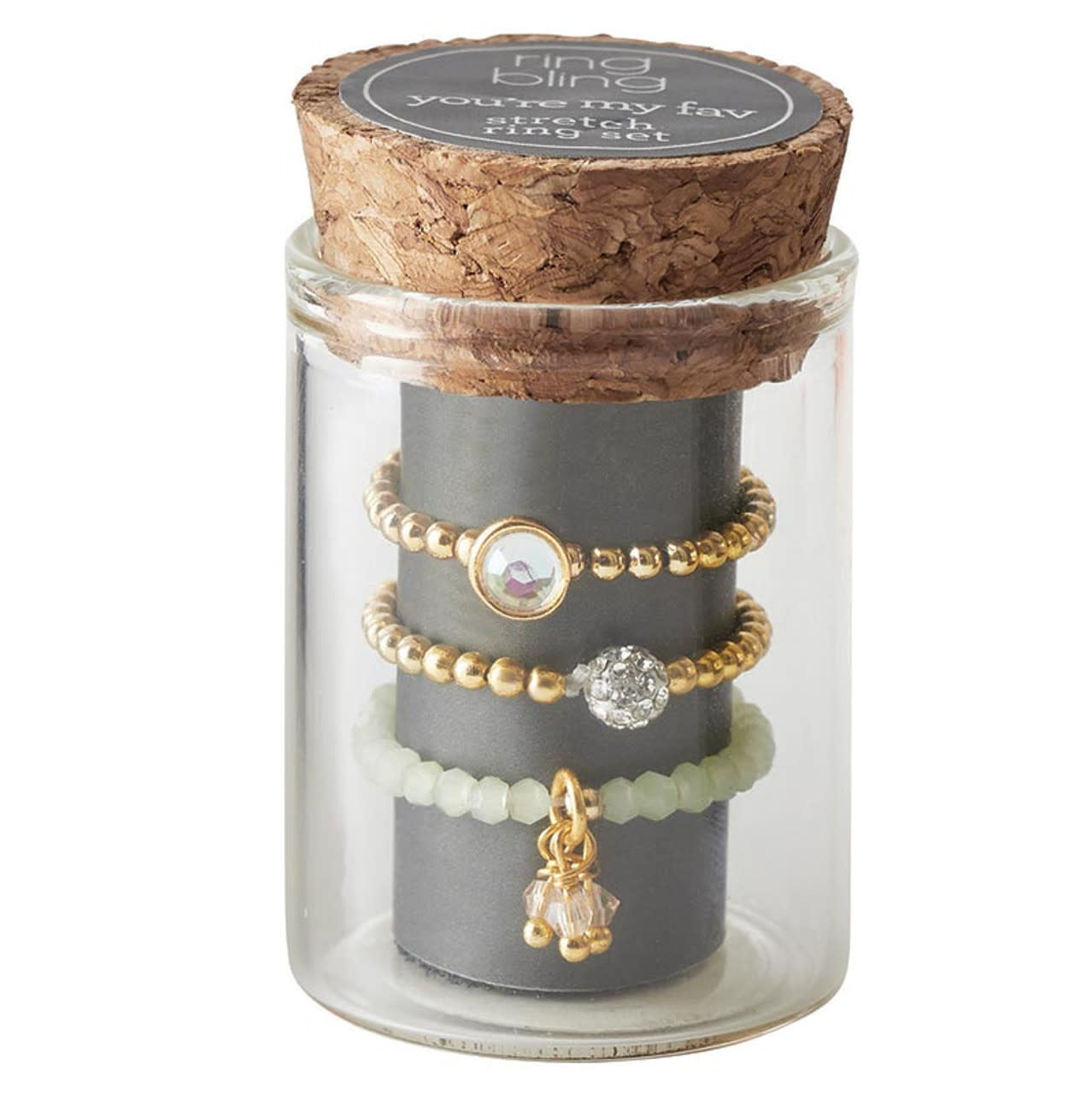 Brass stretch ring set with glass jar packaging
