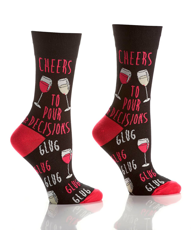 Women's crew socks in black with red heels and toes, featuring wine glasses and 'Cheers' text.