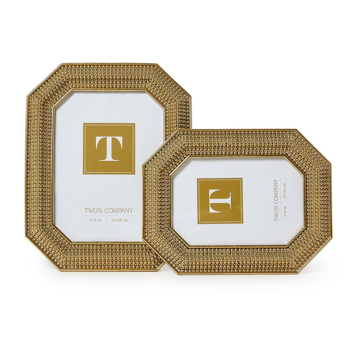 Two gold beaded octagonal photo frames in 5x7 and 4x6 sizes, displayed on a white background.