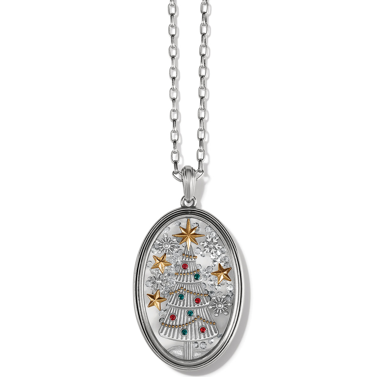 Two-tone shaker necklace with adjustable chain featuring fine quality crystals in a festive Christmas silhouette.