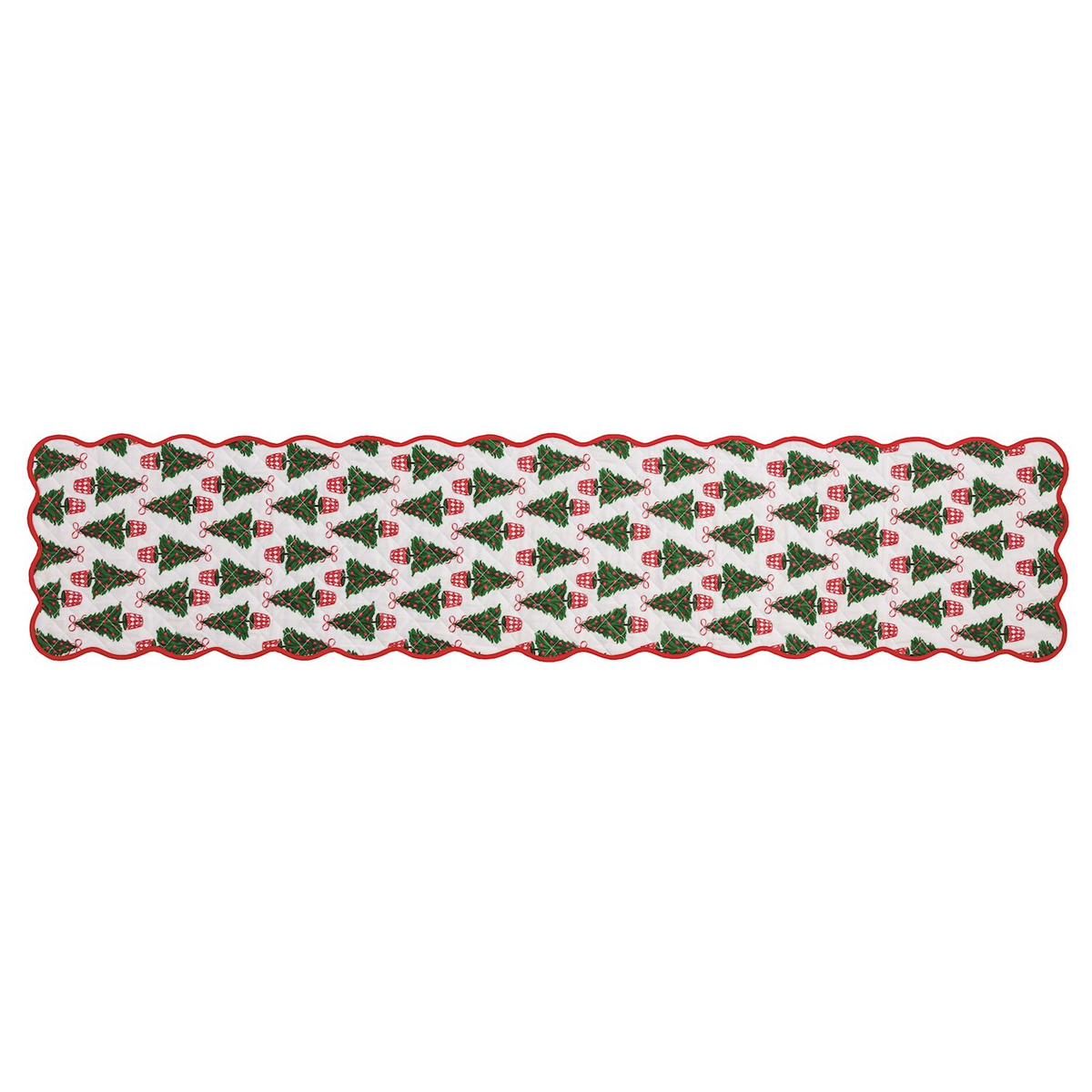 Quilted white table runner with a pattern of green Christmas trees and a red scalloped border.