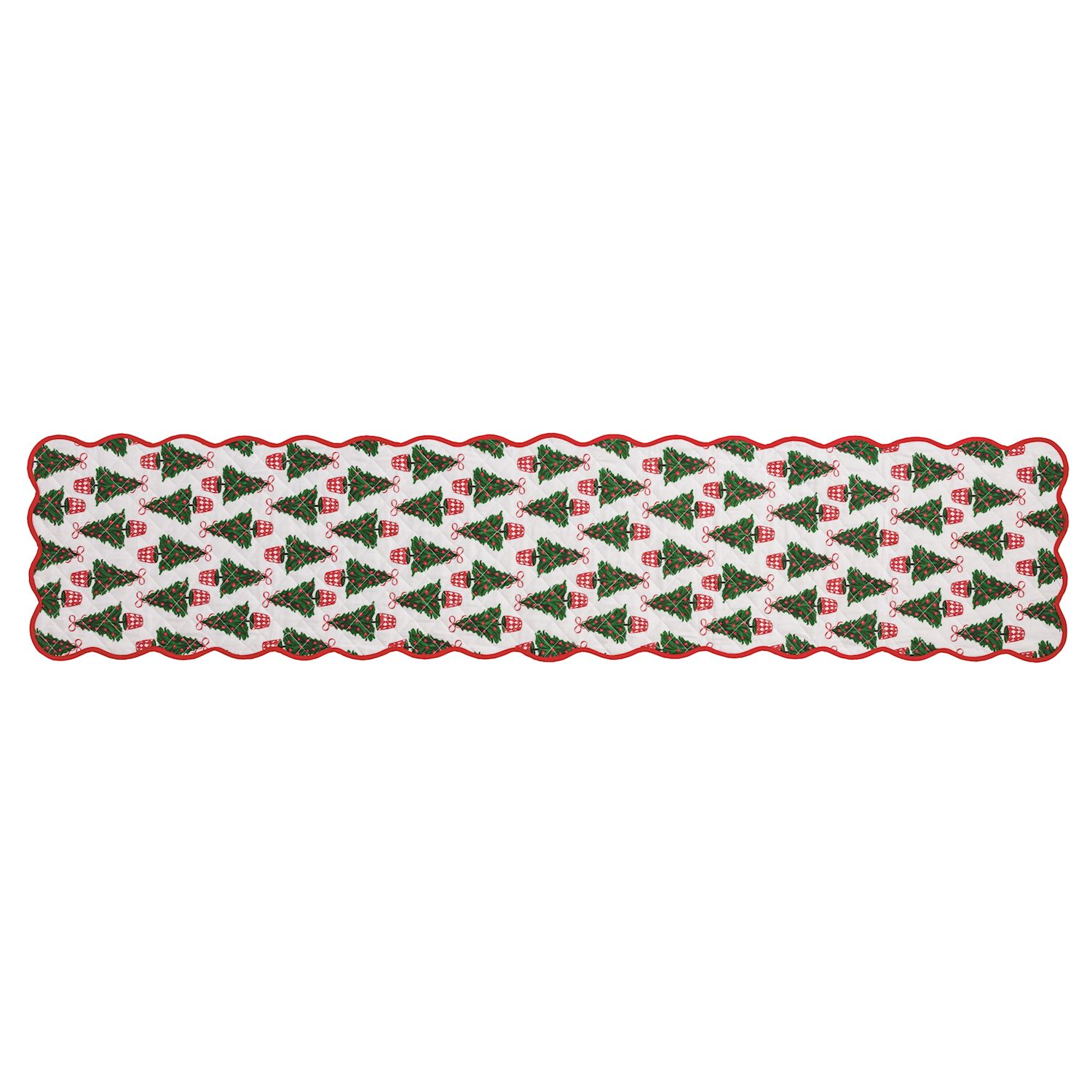 Quilted white table runner with a pattern of green Christmas trees and a red scalloped border.