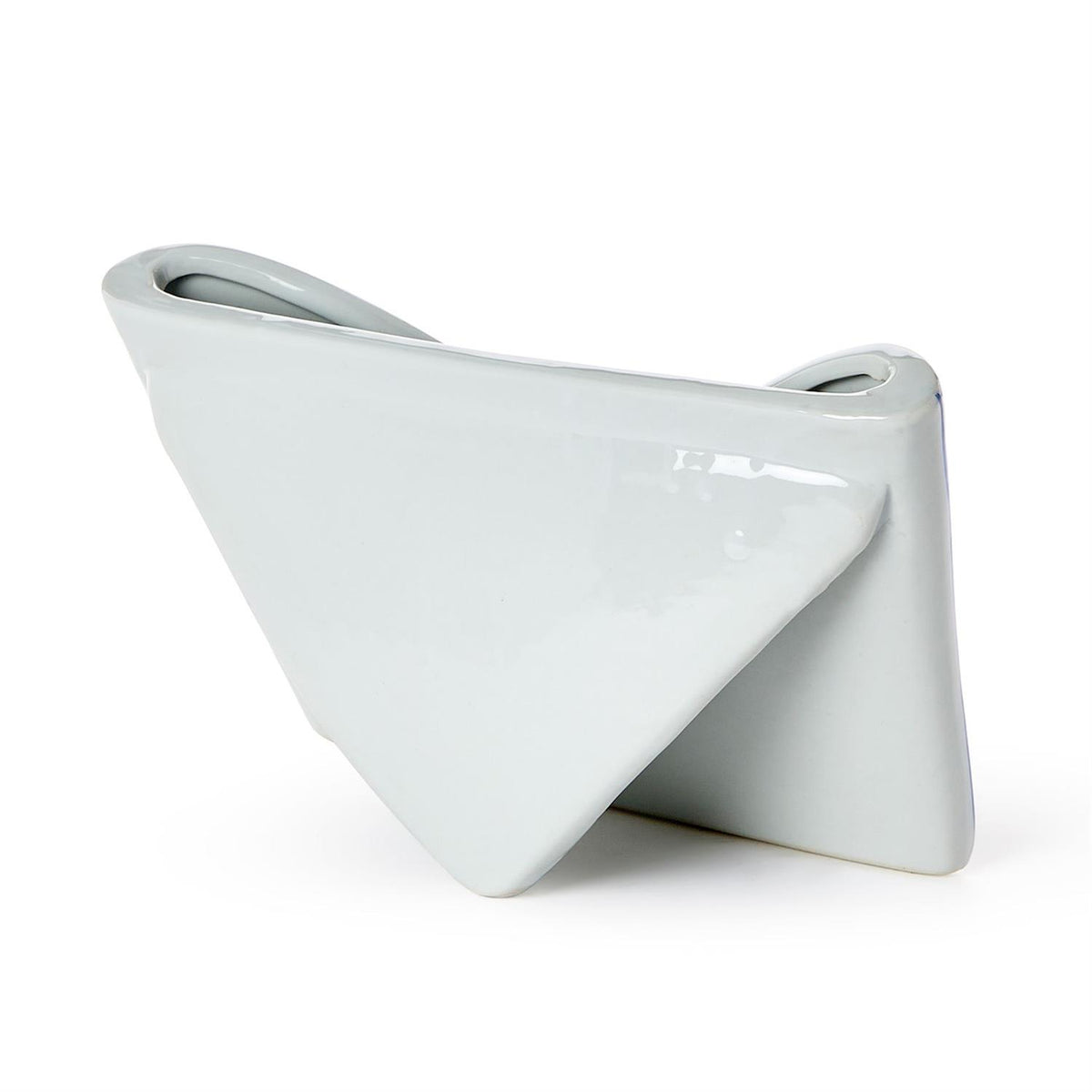Back view of a white porcelain triangular letter holder with a glossy finish.