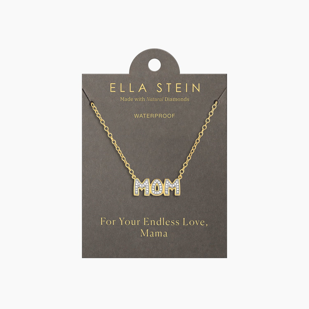 Waterproof stainless steel pendant necklace with a heart-shaped 'Mom' charm in gold-plated finish on an 18-inch chain.