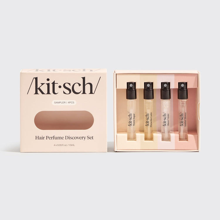 Set of four sample-sized Hair Perfume bottles in Warm Sugar, Pistachio Latte, Sheer Violet, and Amber Shores.