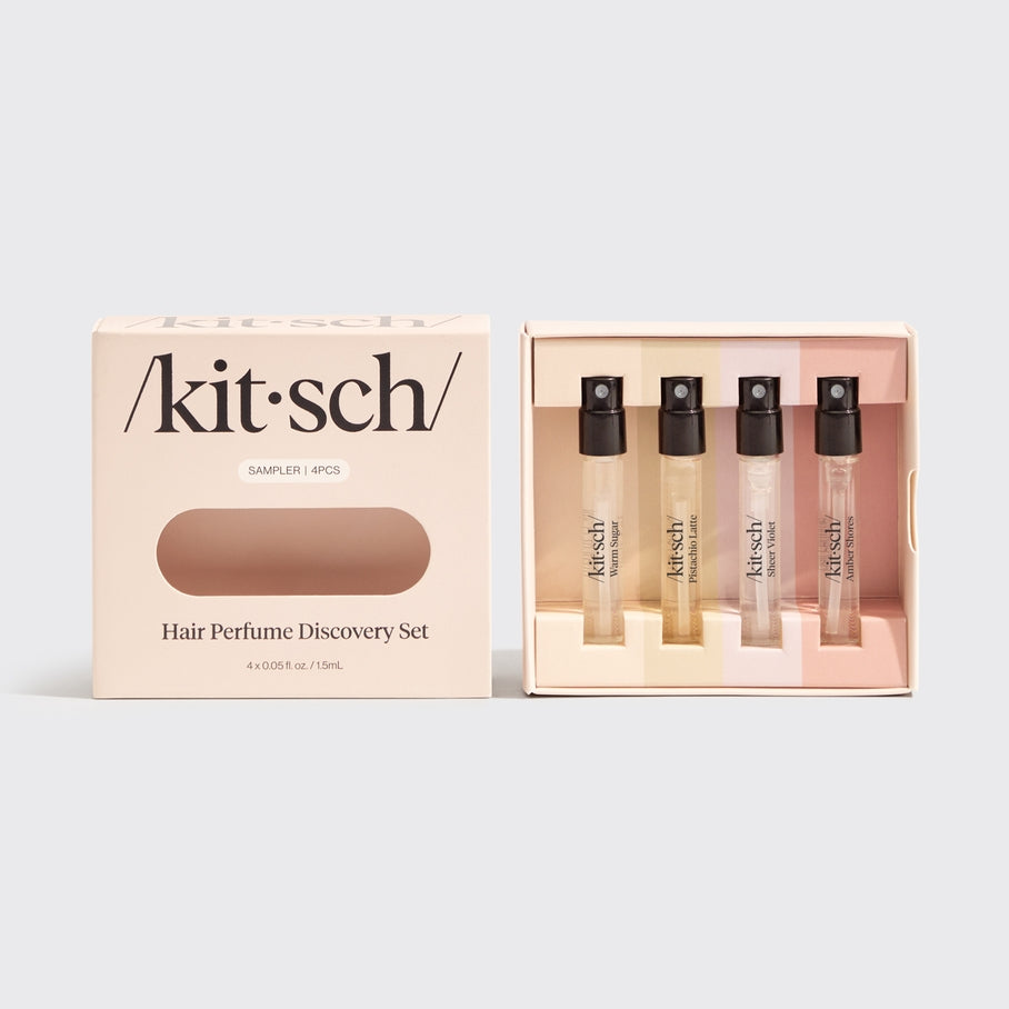 Set of four sample-sized Hair Perfume bottles in Warm Sugar, Pistachio Latte, Sheer Violet, and Amber Shores.