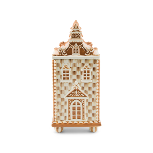 Mocha Check Gingerbread Medium Canister, a house-shaped dolomite jar with checkered patterns.