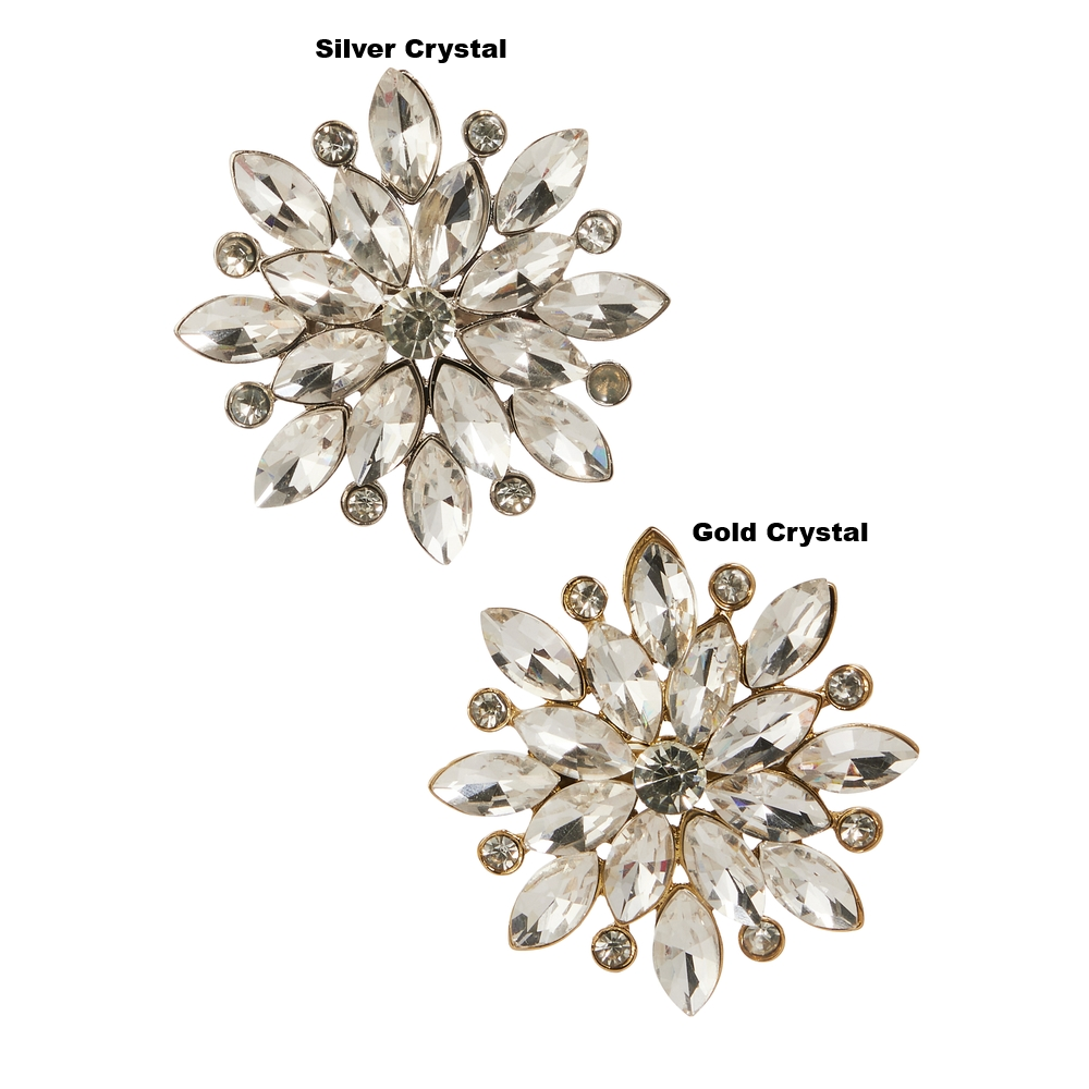 2.5-inch jewel brooch clip-on ornaments in silver and gold crystal floral designs.