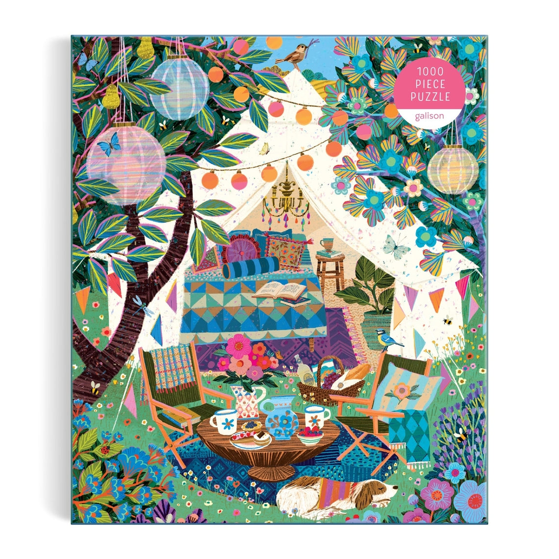 Victoria Ball Blooming Escape puzzle box showing a whimsical outdoor scene with a canvas tent, lanterns, and lush blooms.