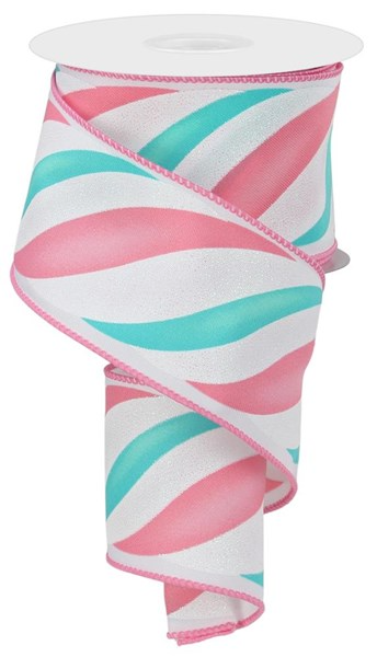 A spool of swirl candy stripe ribbon in ivory, red, turquoise, ice blue, and white polyester.