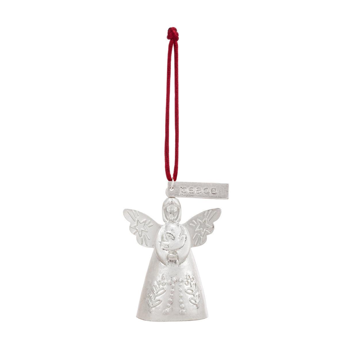 Mini Bell Angel Ornament made of metal with an iron finish, featuring a bell shape silhouette and hanging cord.