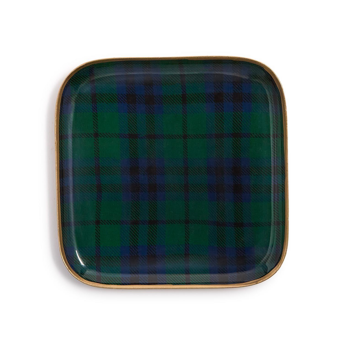 Square metal tray with a green and navy blue tartan plaid pattern and a gold-toned rim.