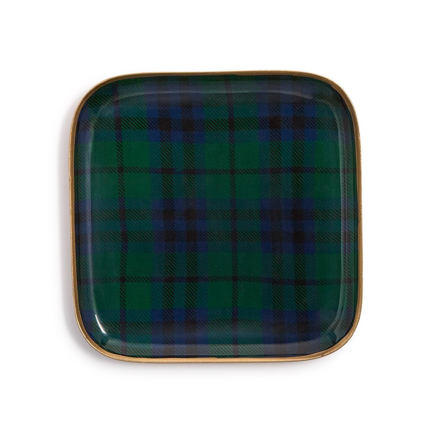 Square metal tray with a green and navy blue tartan plaid pattern and a gold-toned rim.