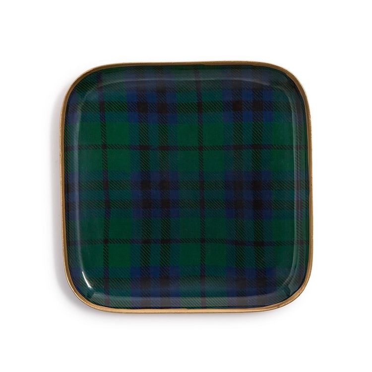 Square metal tray with a green and navy blue tartan plaid pattern and a gold-toned rim.