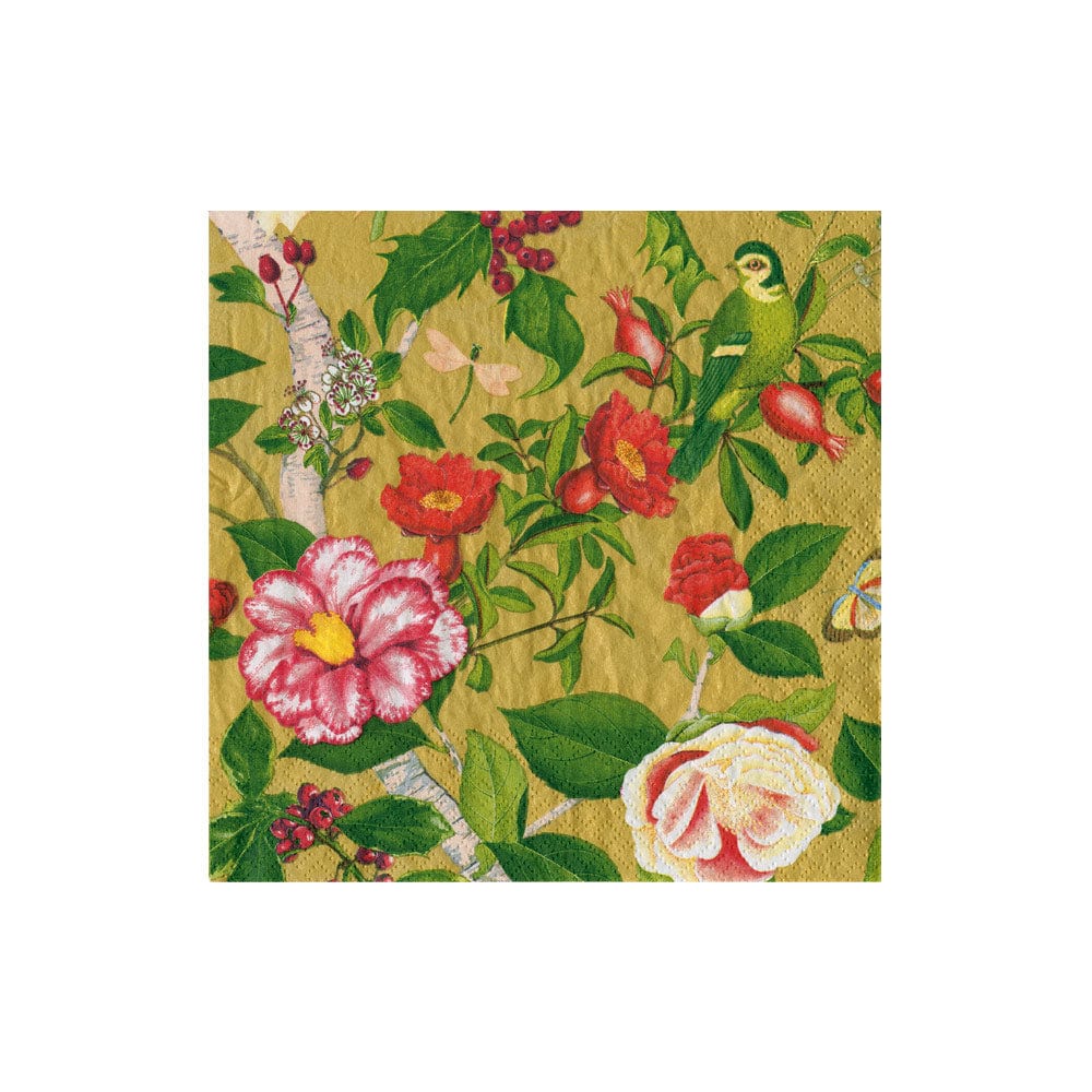 Christmas Chinoiserie Gold Cocktail Napkins with floral, bird, and berry patterns.