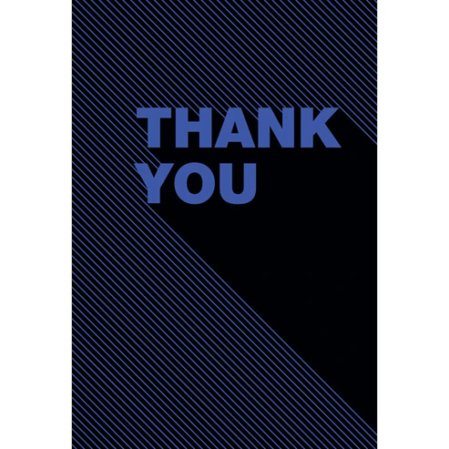Graphic thank you card with blue text on a black background with blue diagonal lines.