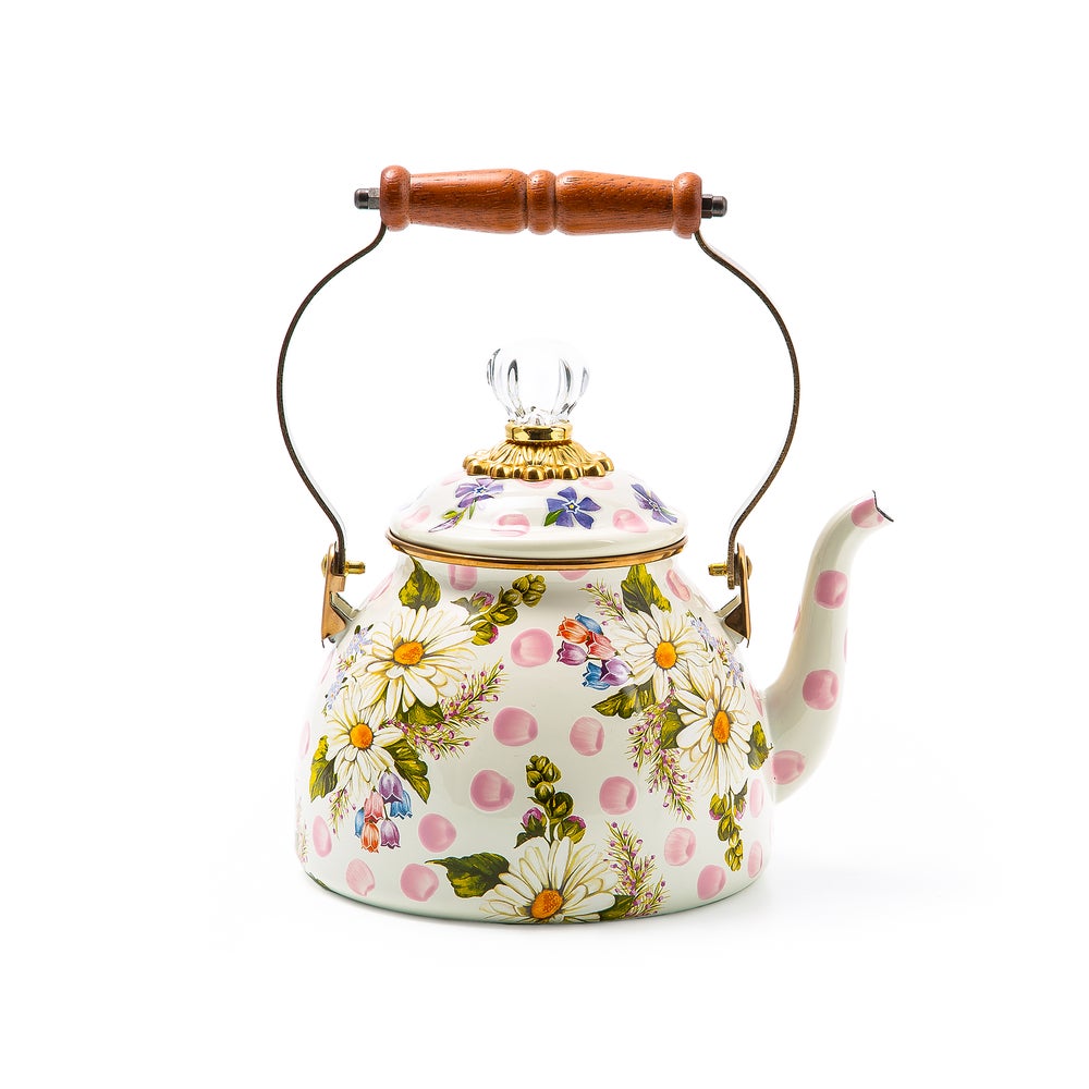 Wildflowers Pink 2 Quart Tea Kettle with floral patterns, pink polka dots, and a wood handle.