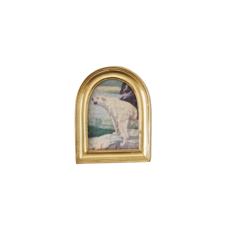 Miniature gold-framed resin magnet featuring a vintage-style polar bear art print.