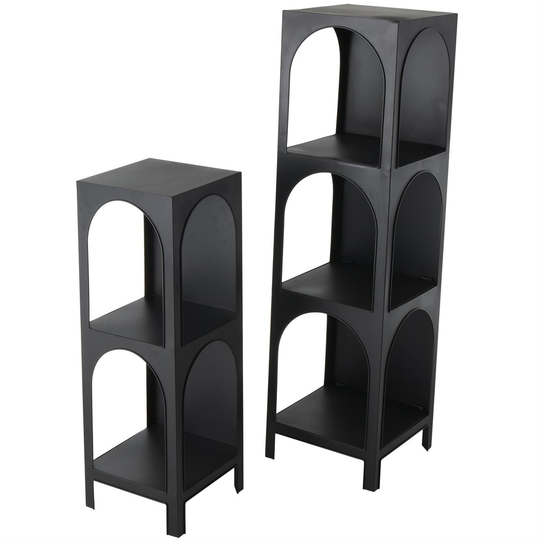 Black metal shelving unit with a rectangular open-frame design