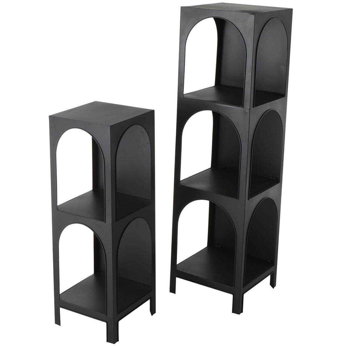 Black metal shelving unit with a rectangular open-frame design