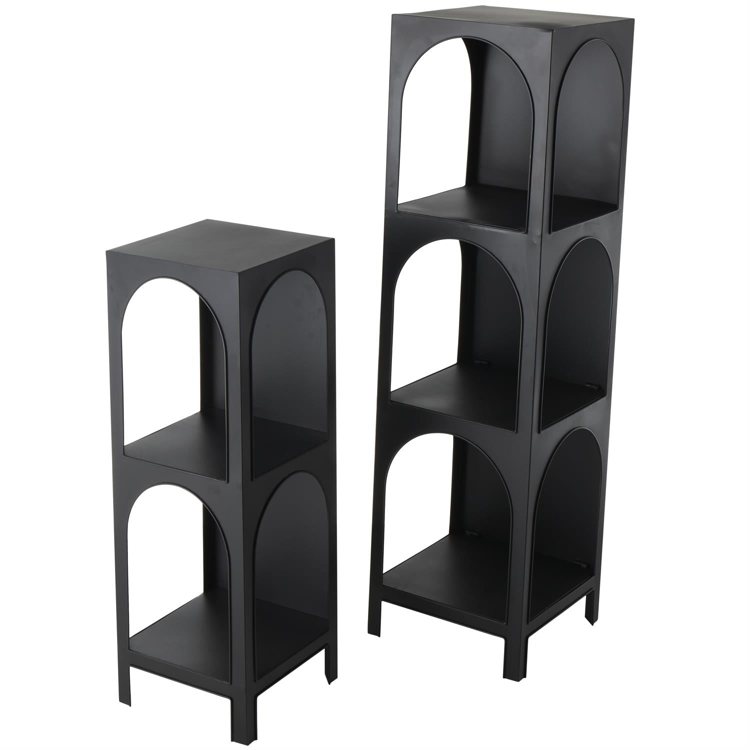 Black metal shelving unit with a rectangular open-frame design