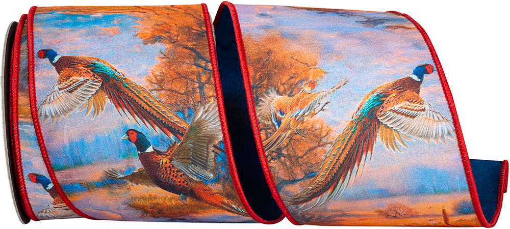 Pheasant Horizon Dupioni wired edge ribbon with flying pheasants on a scenic landscape background.