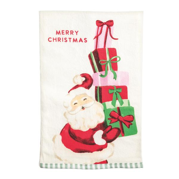 Whimsy Christmas Towel featuring Santa Claus carrying a stack of colorful gifts with a gingham hem.