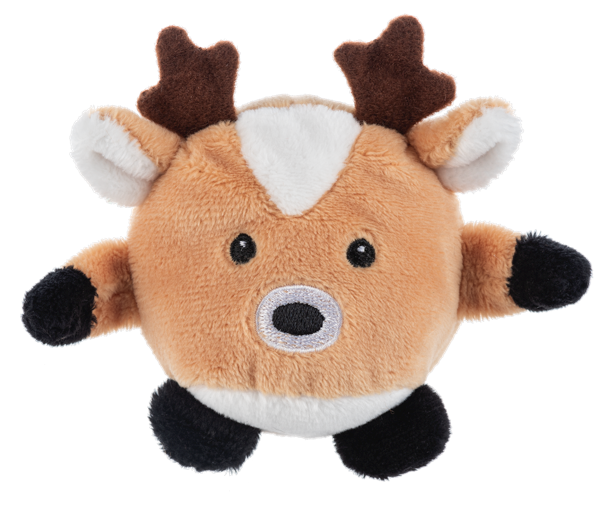 Round plush reindeer toy with brown antlers, black hooves, and a white patch on its forehead.